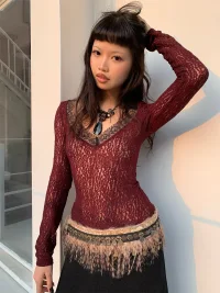 Chipchipshop | Reddish-Brown Lace Slim-Fit Stretch Long-Sleeve Top