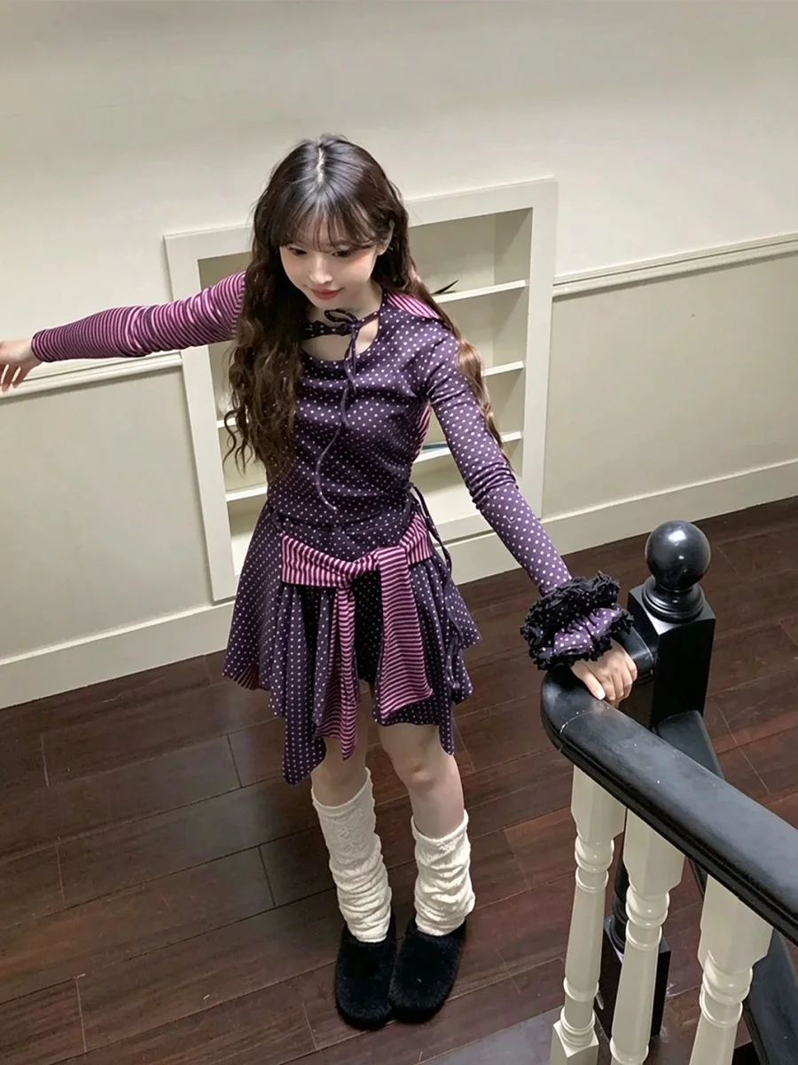 Bae bi | Polka Dot And Stripe Patchwork Long-Sleeve Top - 3