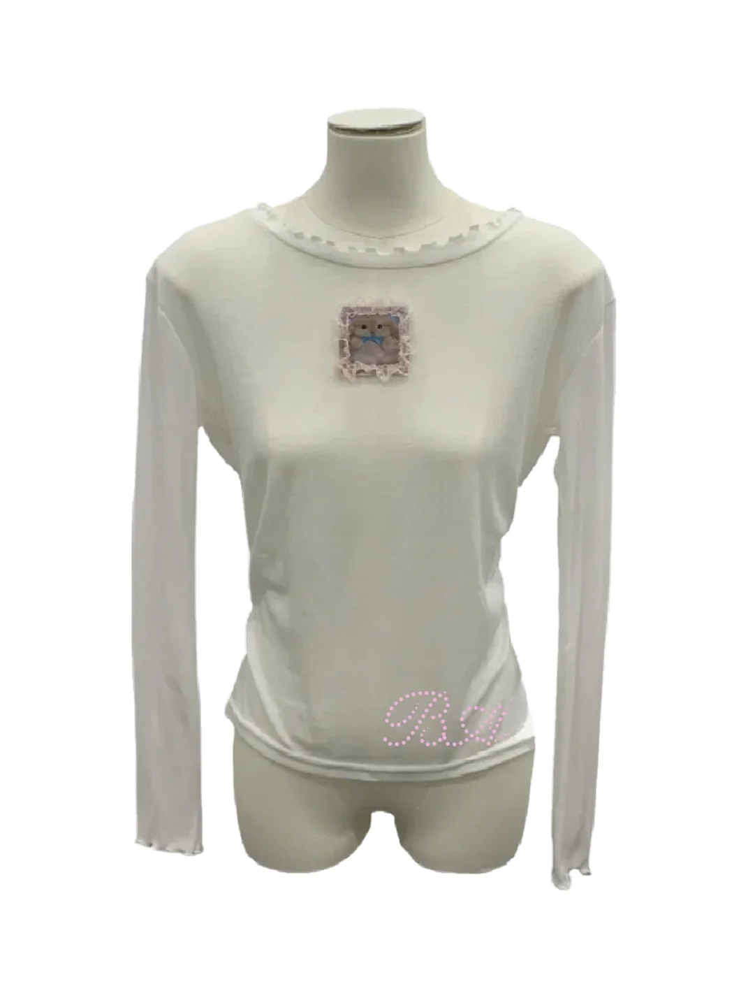 Bae bi | Modal Rabbit Lace-Trim Lettuce-Edge Tie-Back Top