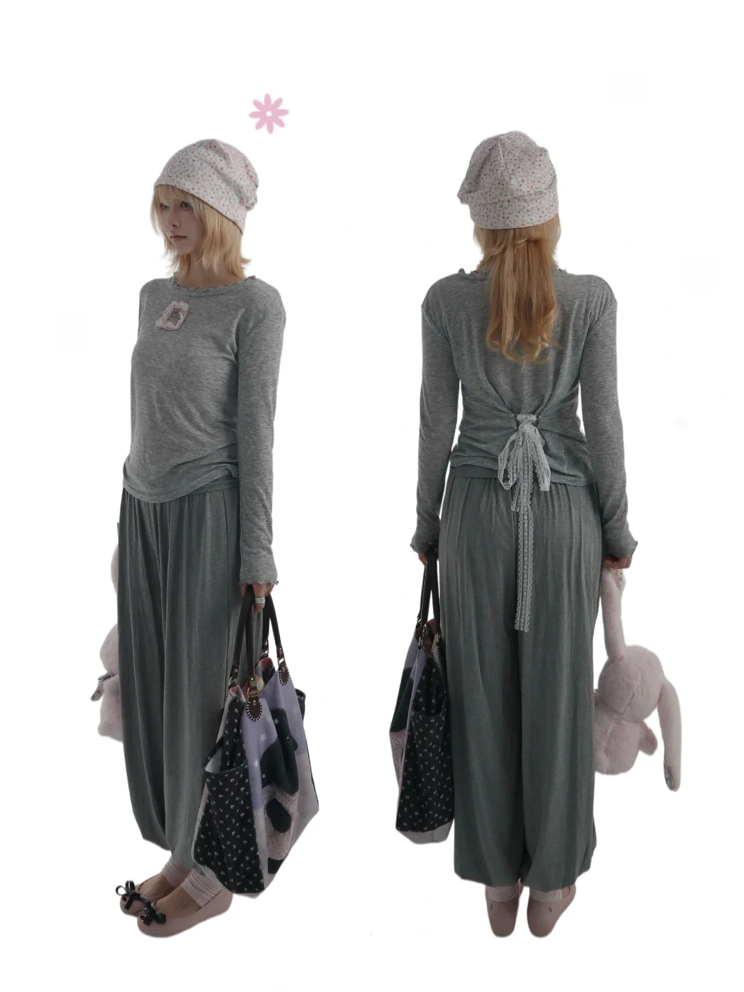 Bae bi | Modal Rabbit Lace-Trim Lettuce-Edge Tie-Back Top