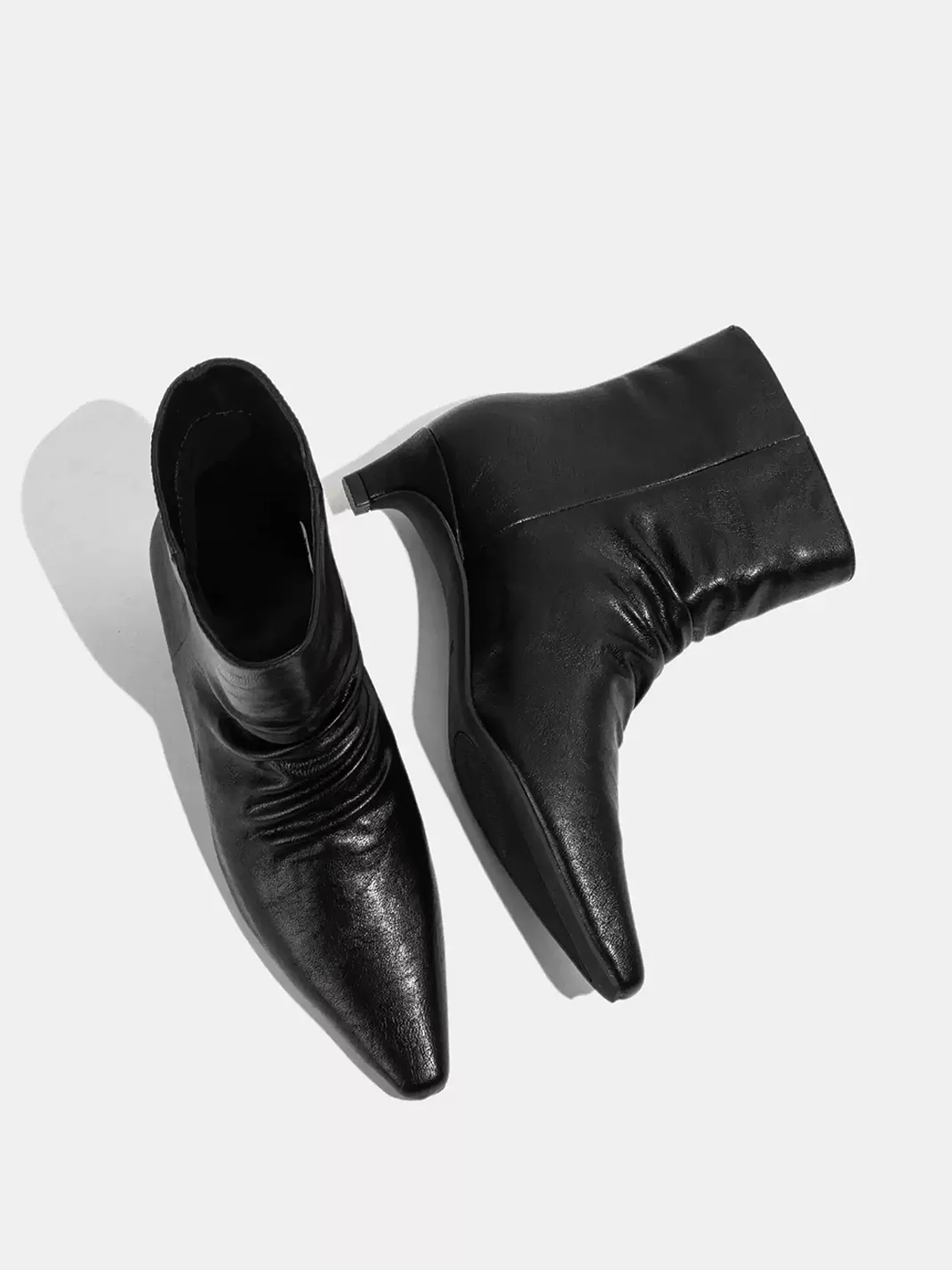 LMDD | Ruched Pointed-Toe Kitten Heel Ankle Boots