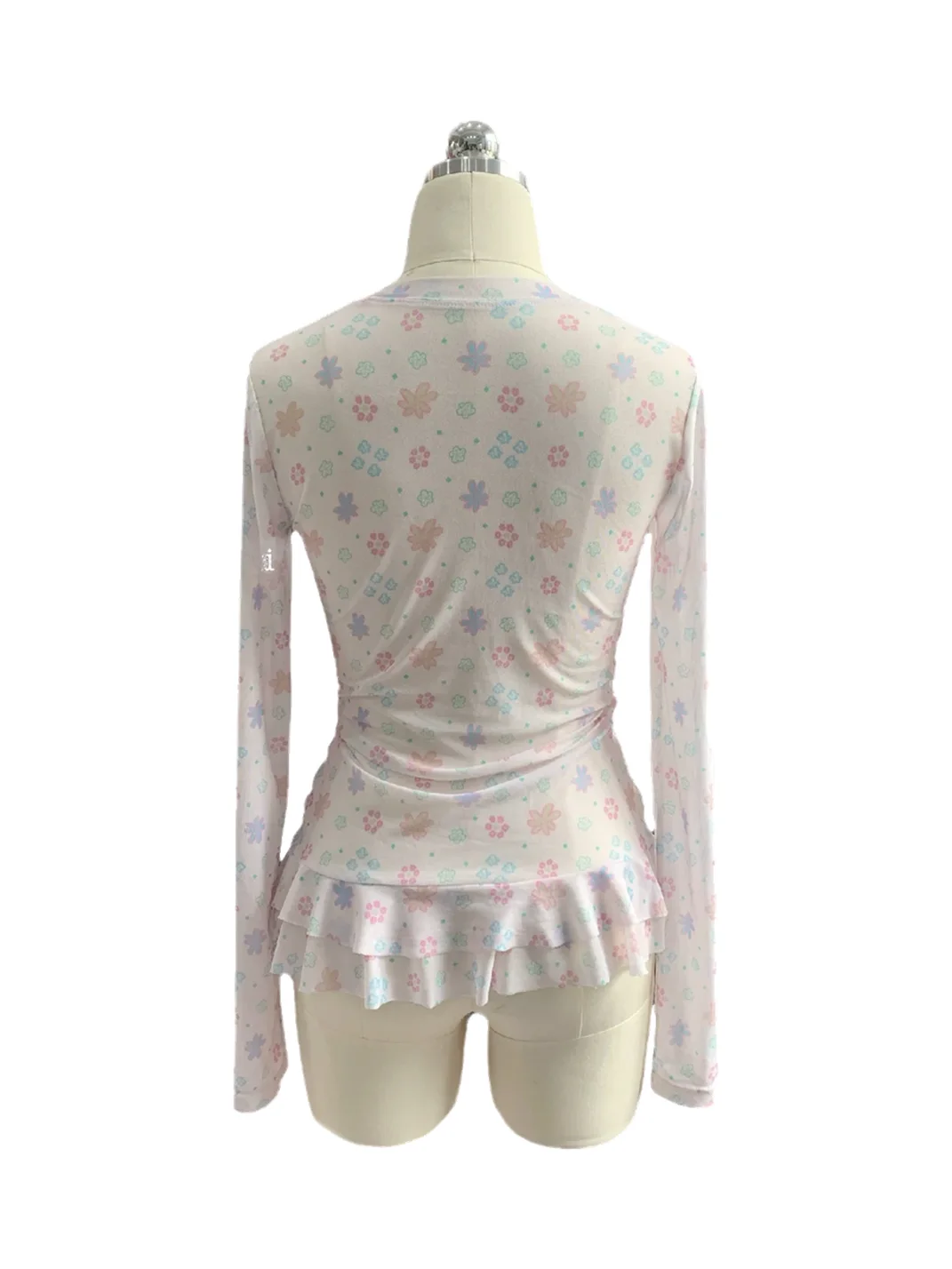 Bae bi | Slim Fit Floral Mesh Long Sleeve Ruffle Top
