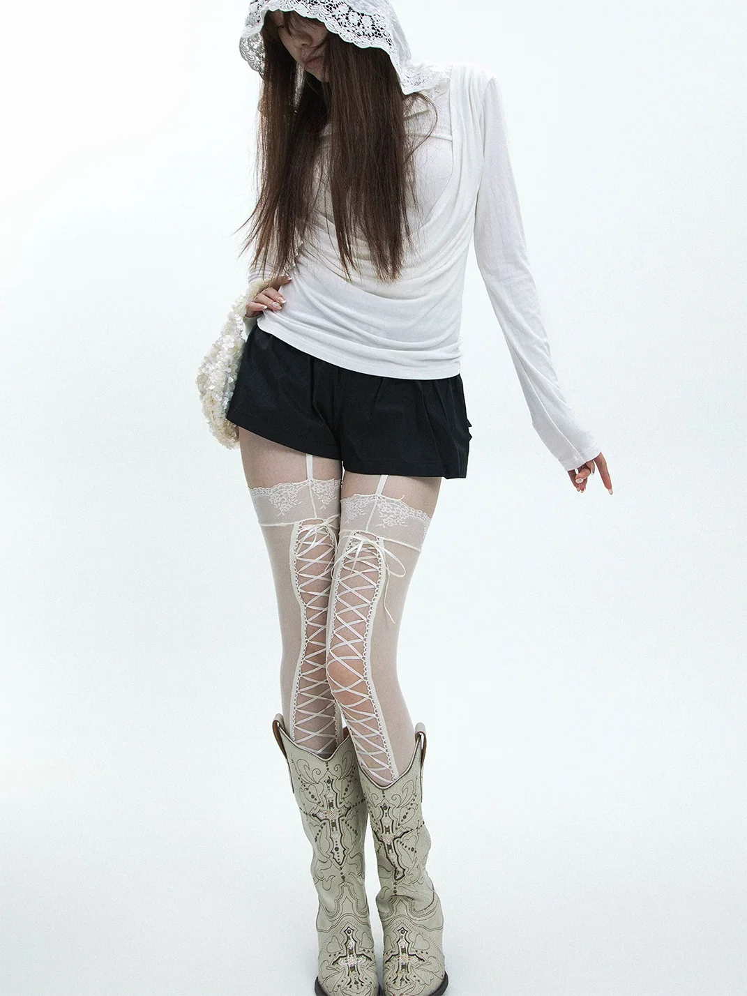 SS2L | Lace-Up Lace-Trim Over-The-Knee Stockings