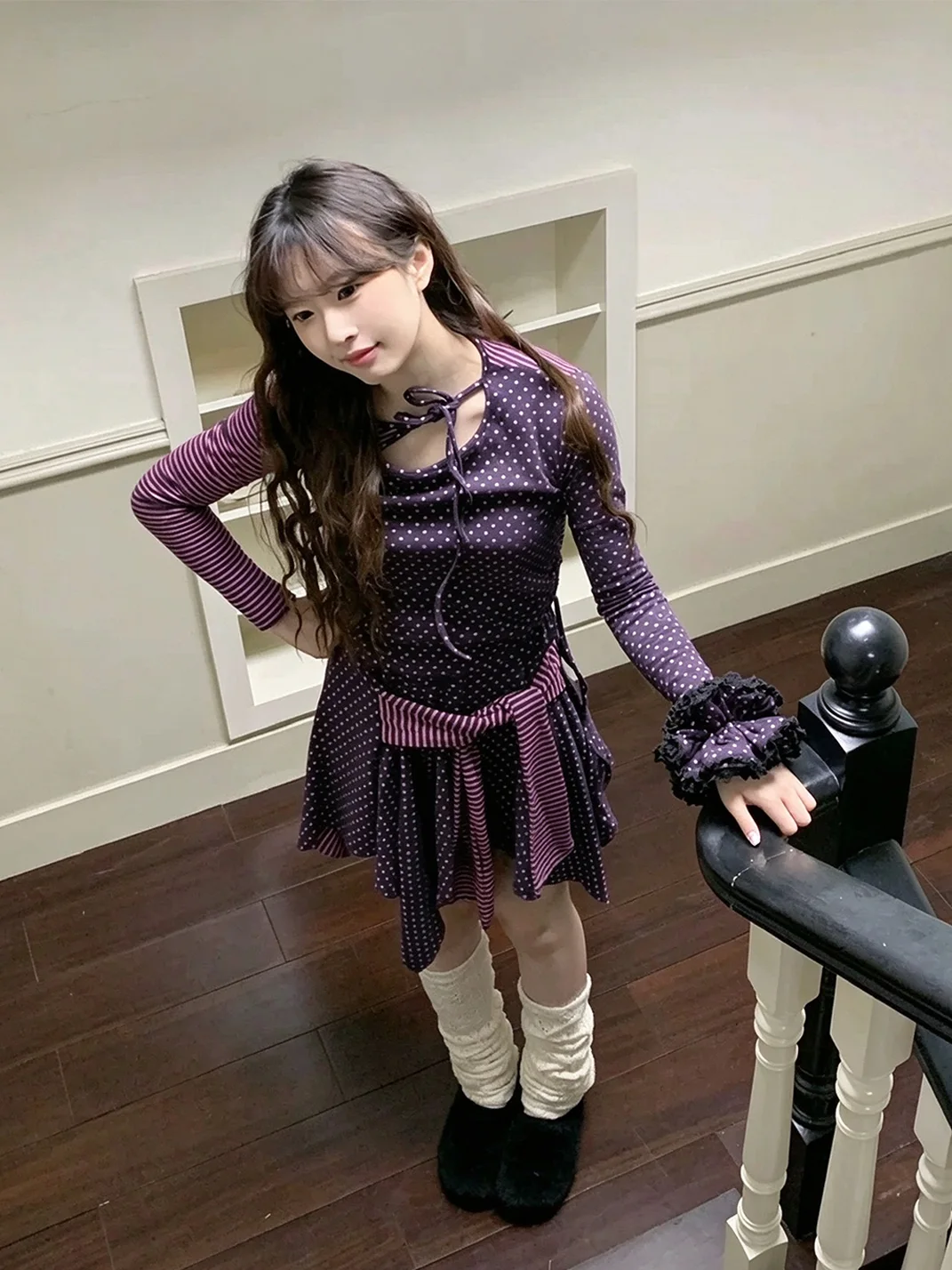Bae bi | Polka Dot And Stripe Patchwork Long-Sleeve Top