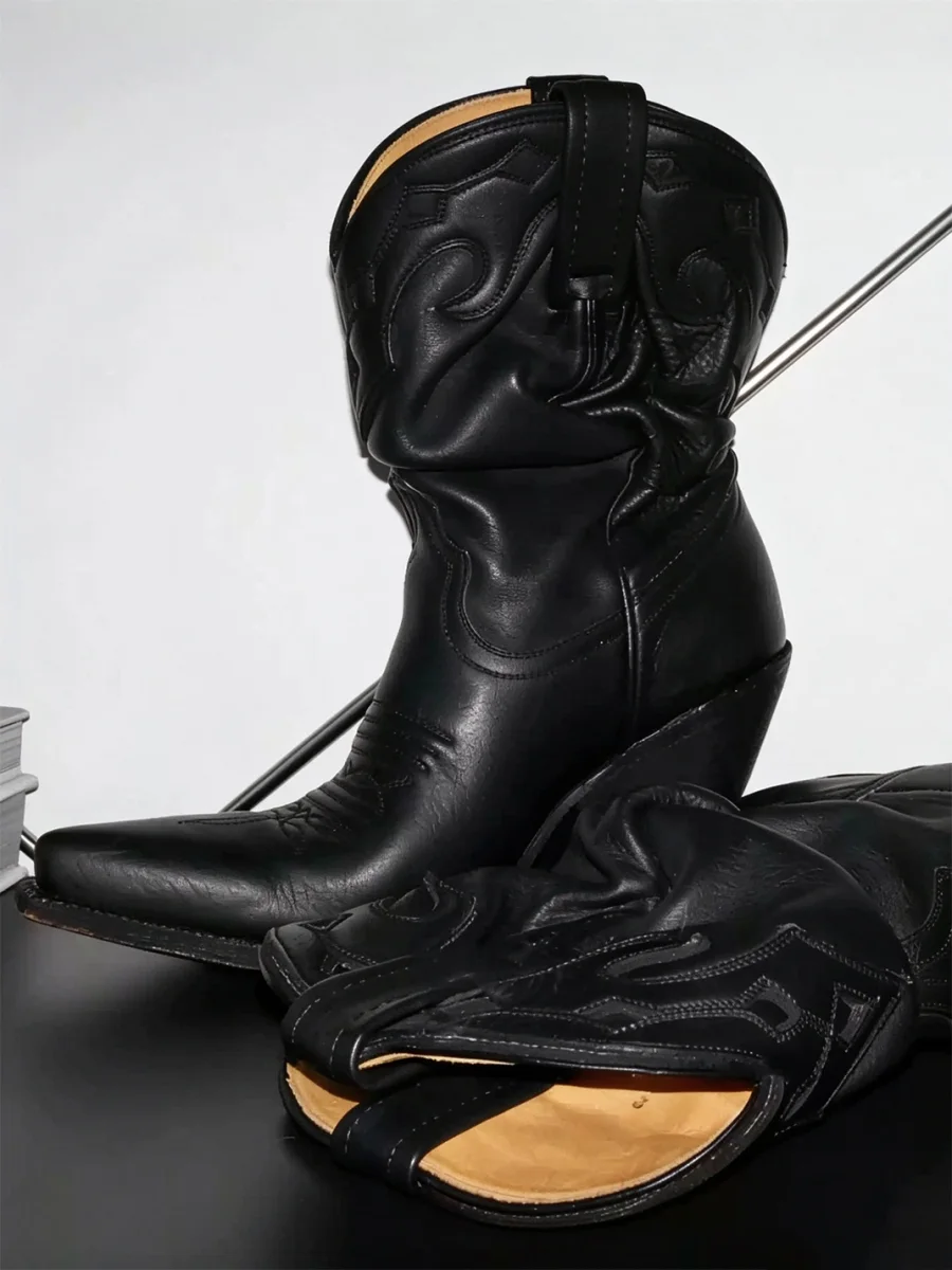 DLMNX | Embroidered Pointed-Toe High-Heel Western Ankle Boots - 4