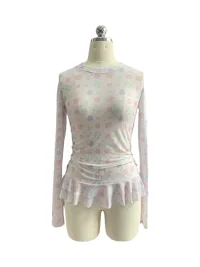 Bae bi | Slim Fit Floral Mesh Long Sleeve Ruffle Top