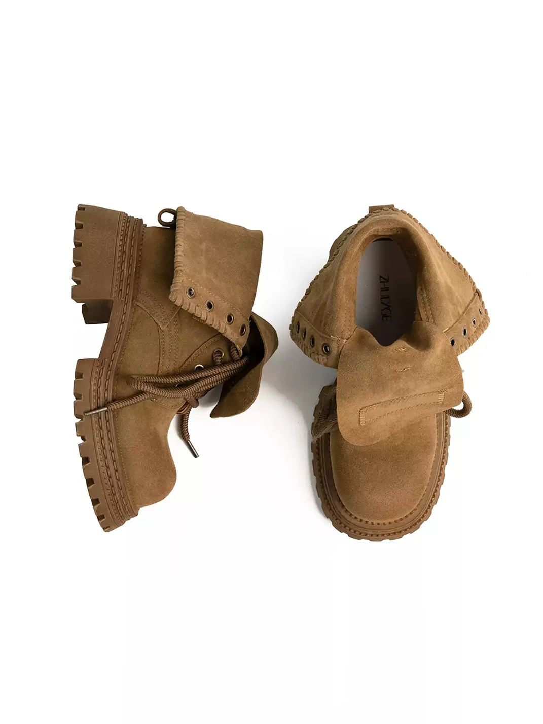 ZHUDAGE | Retro Fold-Over Lace-Up Platform Ankle Boots