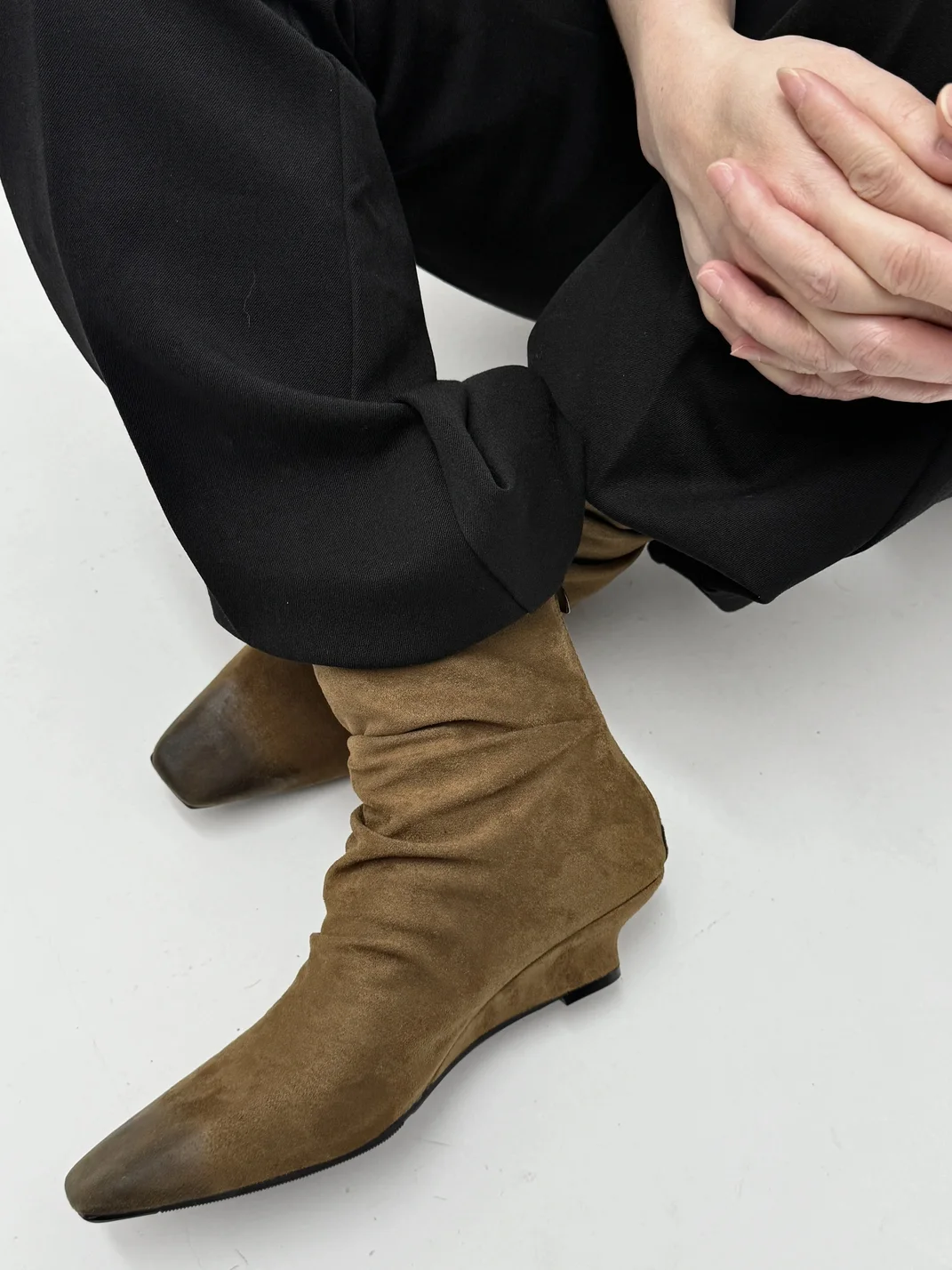 Abstract garden | Square-Toe Suede Slouch Wedge Ankle Boots