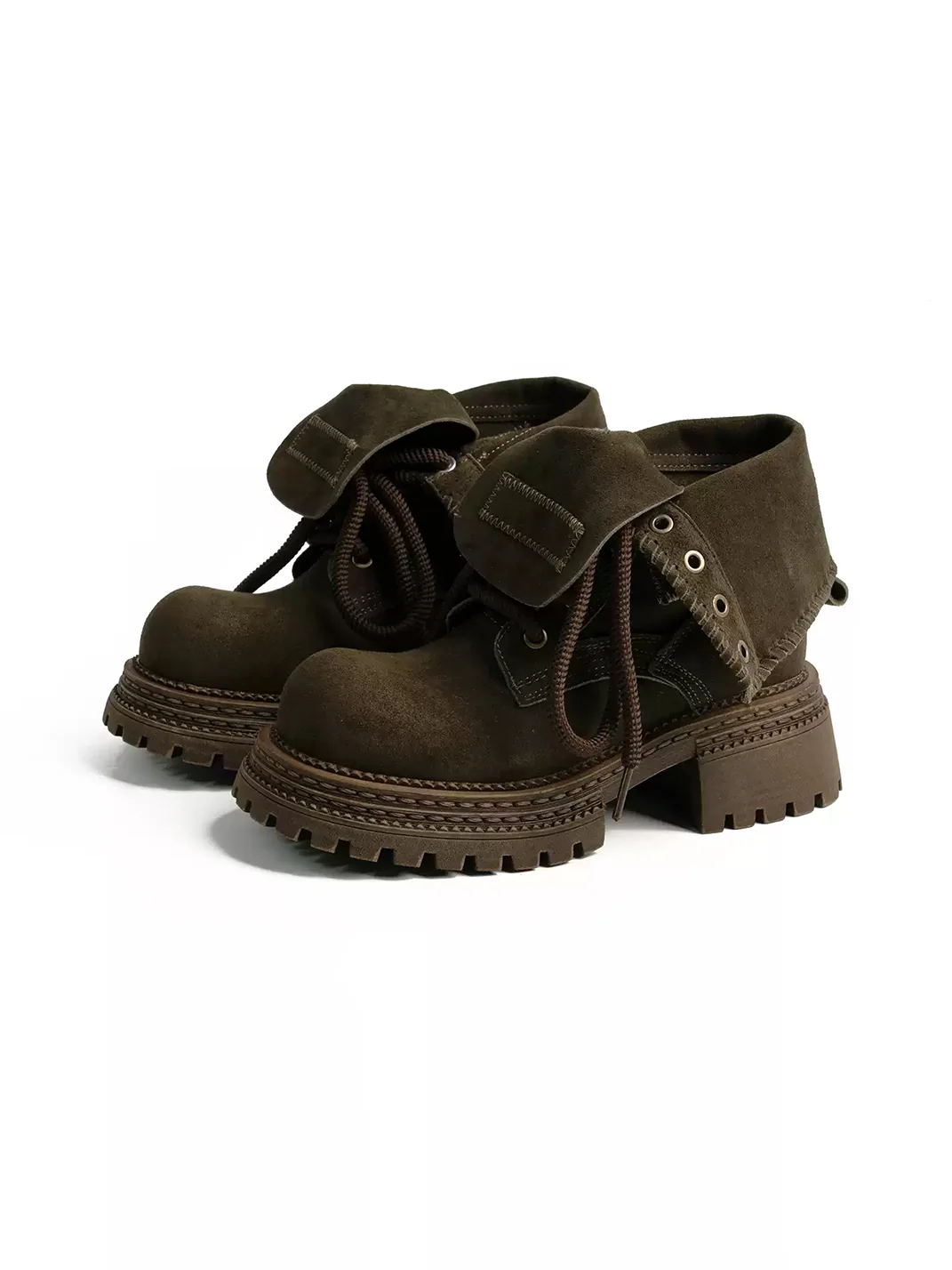 ZHUDAGE | Retro Fold-Over Lace-Up Platform Ankle Boots