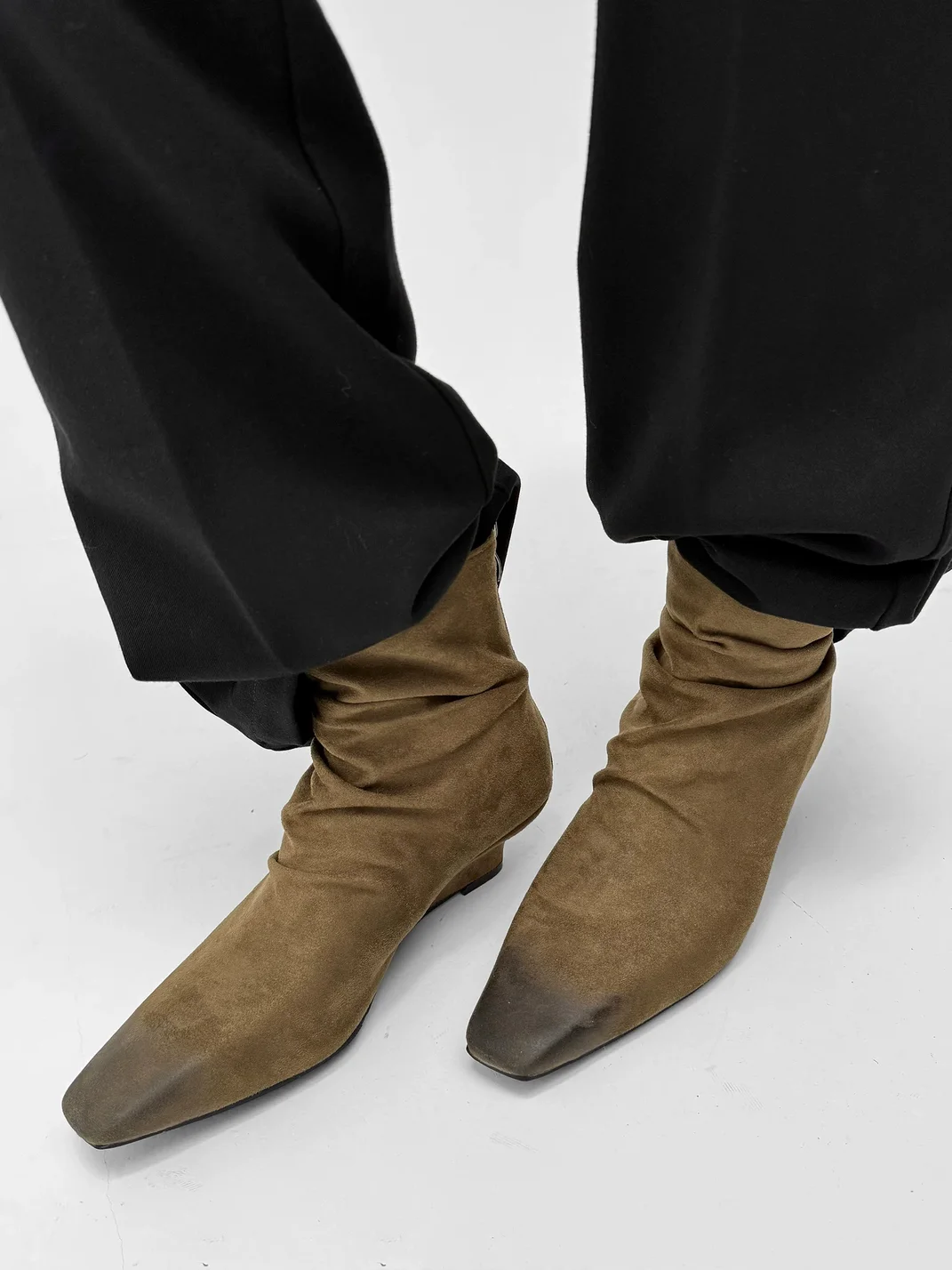 Abstract garden | Square-Toe Suede Slouch Wedge Ankle Boots