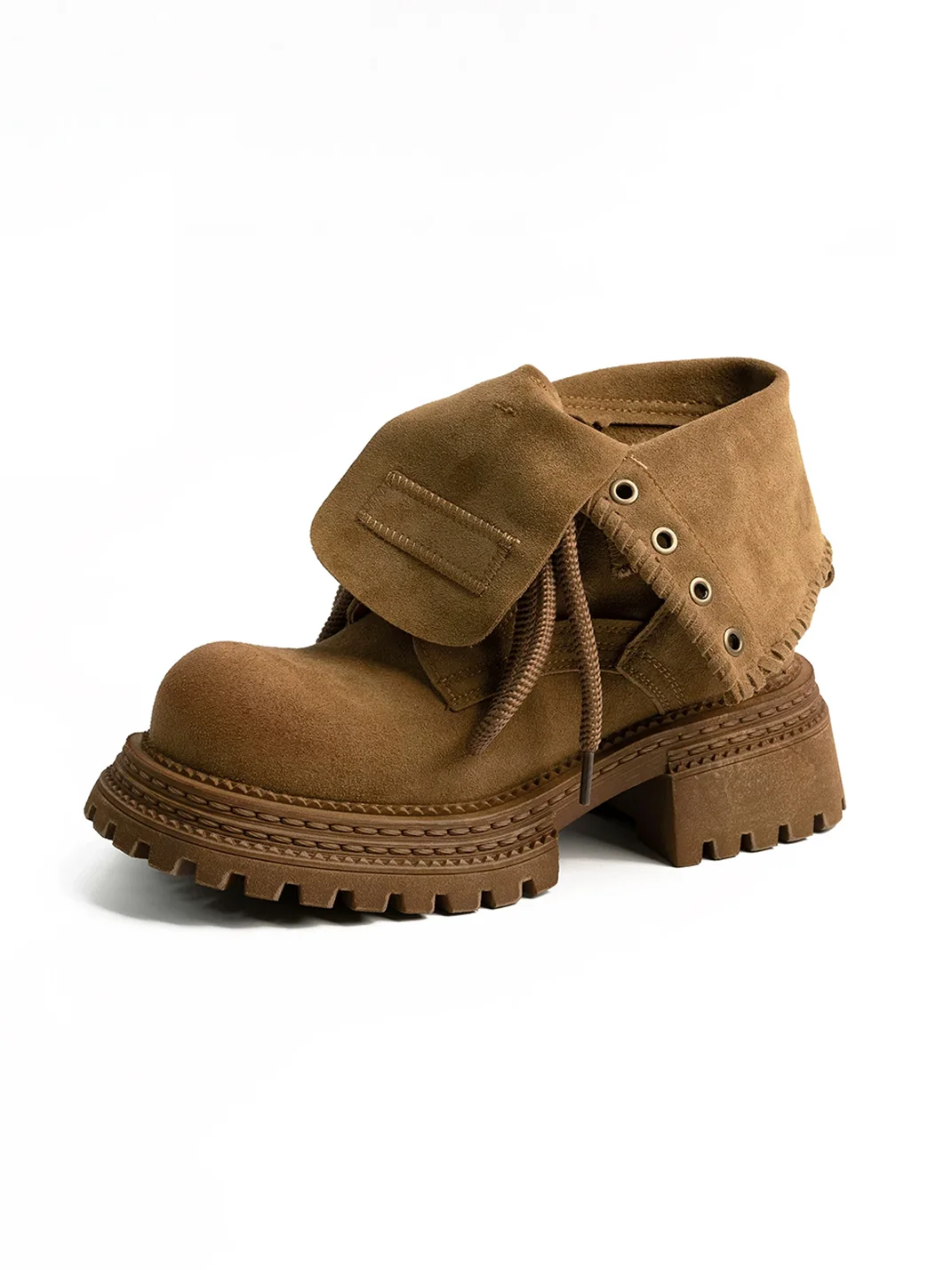 ZHUDAGE | Retro Fold-Over Lace-Up Platform Ankle Boots
