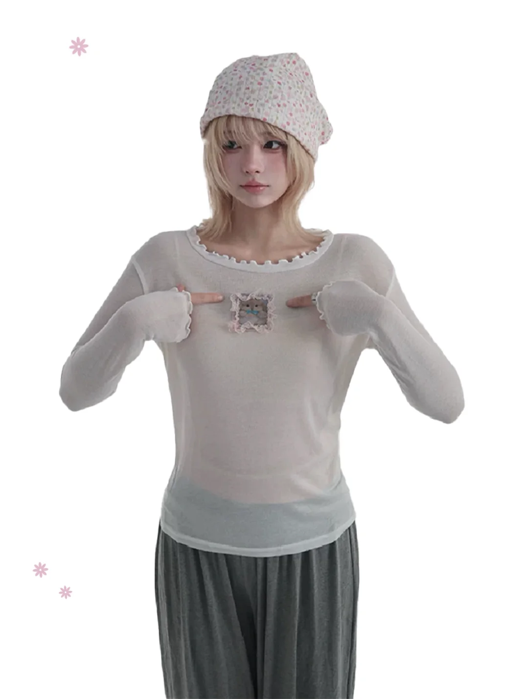 Bae bi | Modal Rabbit Lace-Trim Lettuce-Edge Tie-Back Top