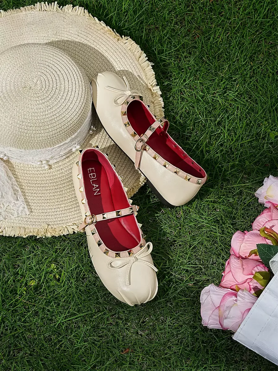 EBLAN | Studded Bow Mary Jane Ballet Flats - 4