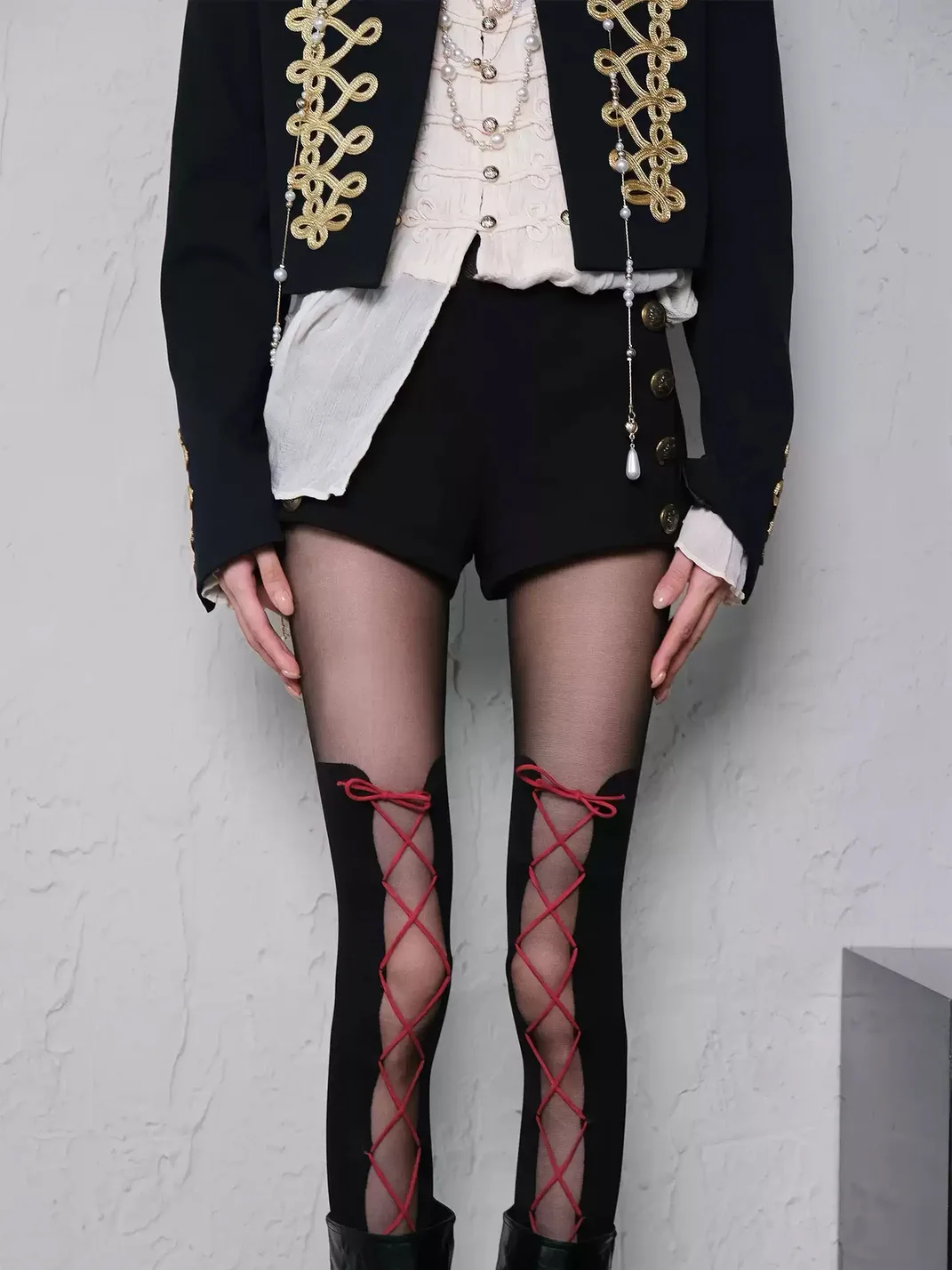 Bokior | Black Sheer Tights With Red Crisscross Lacing