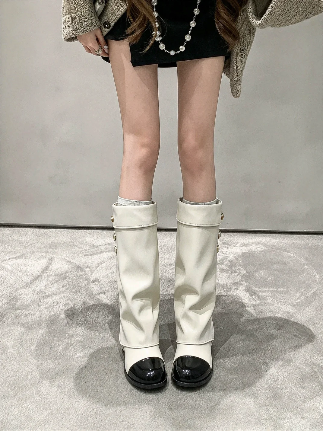 In lucky | Gold Buckle Block Heel Tall Boots