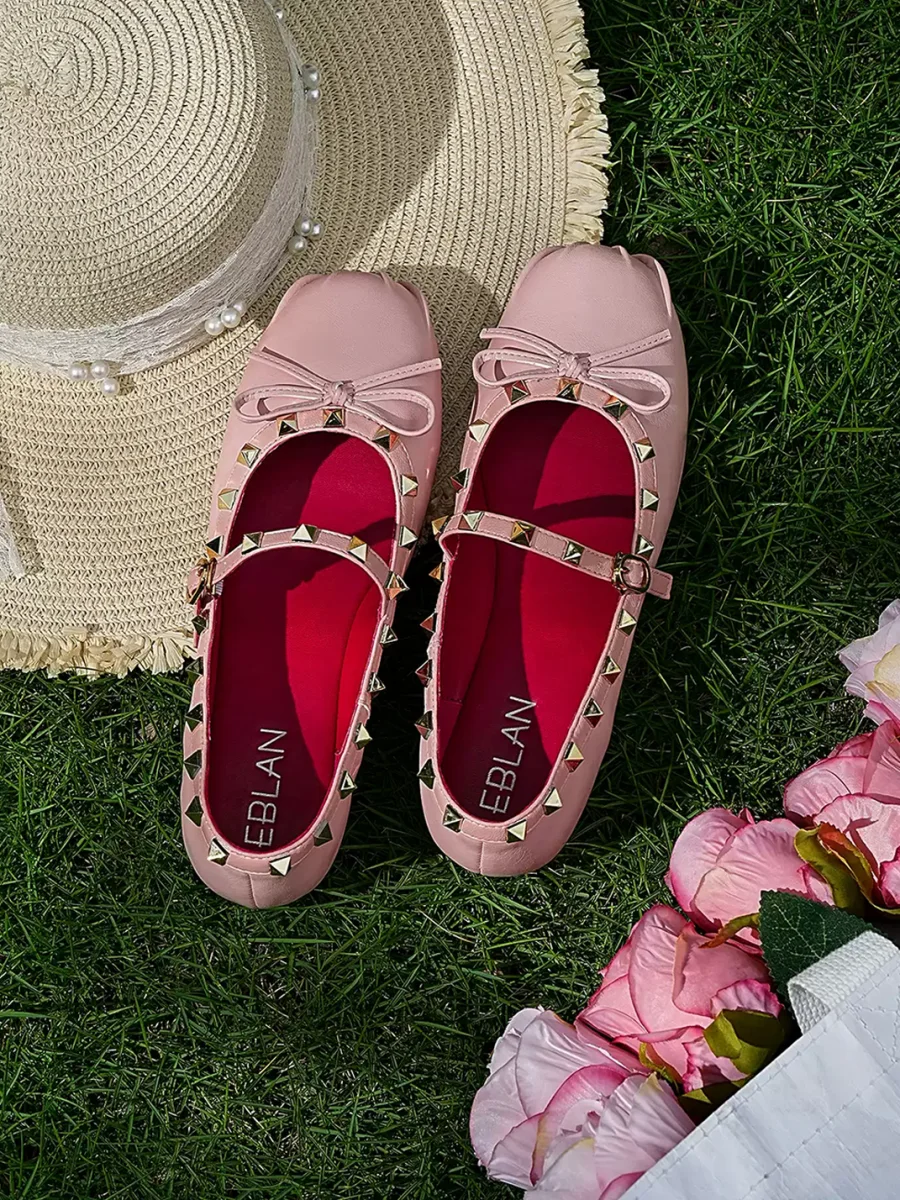 EBLAN | Studded Bow Mary Jane Ballet Flats - 2