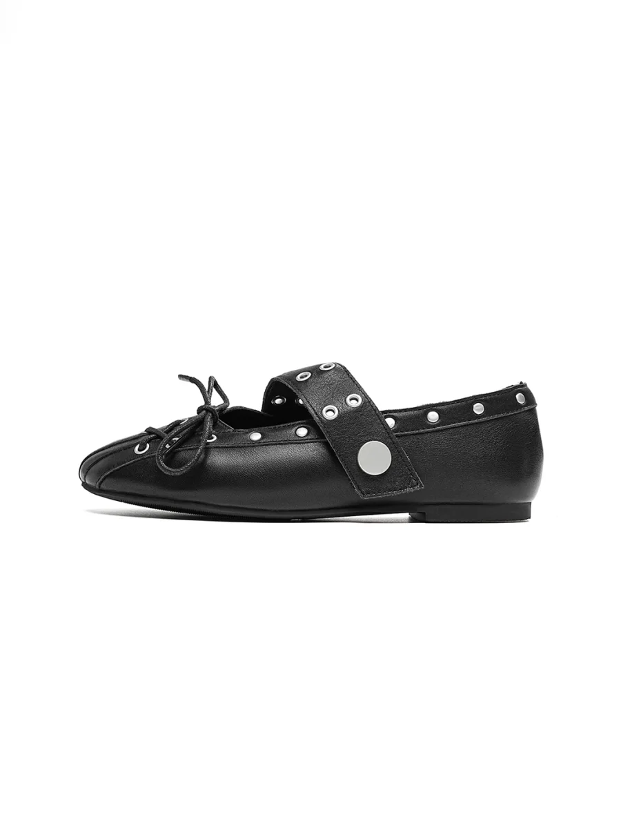 EBLAN | Studded Lace-Up Mary Jane Ballet Flats - 3