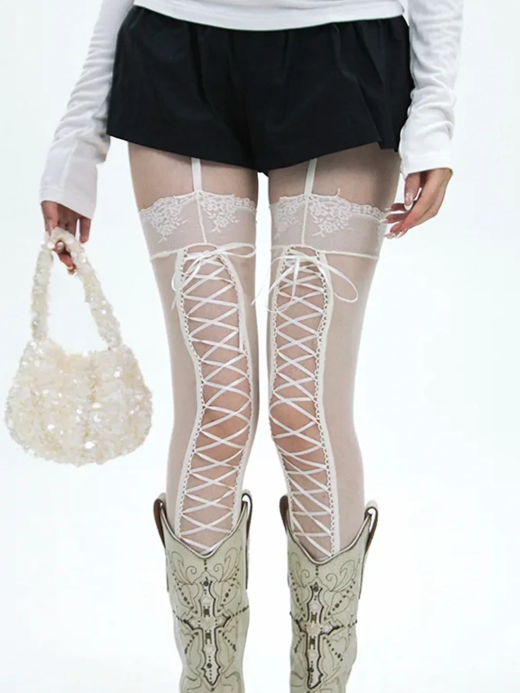 SS2L | Lace-Up Lace-Trim Over-The-Knee Stockings