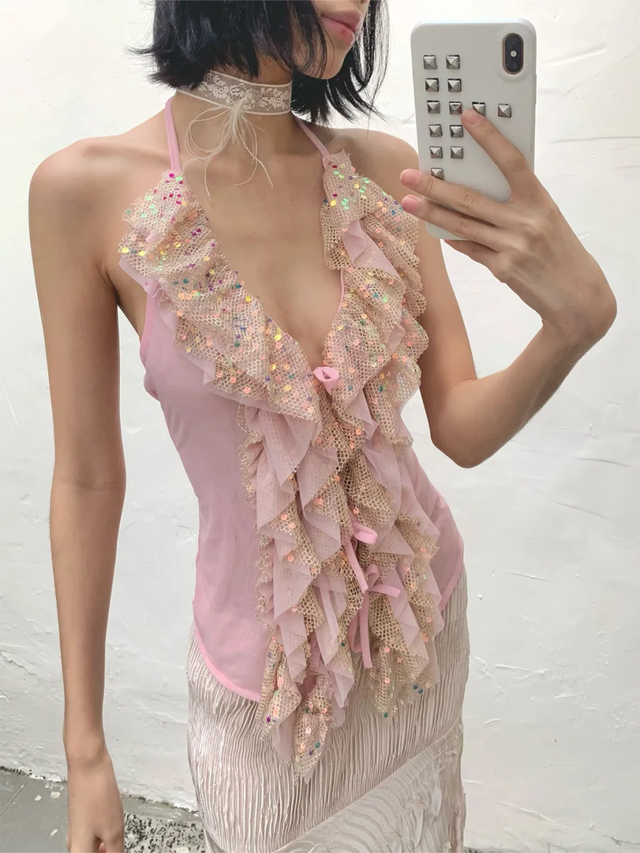 Chipchipshop | Sequin Ruffle Halter Top - 2