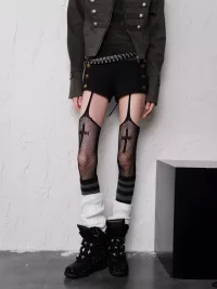 Bokior | Cross Pattern Fishnet Stockings With Striped Panels