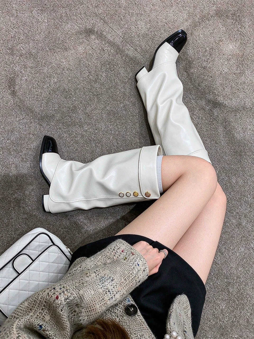 In lucky | Gold Buckle Block Heel Tall Boots
