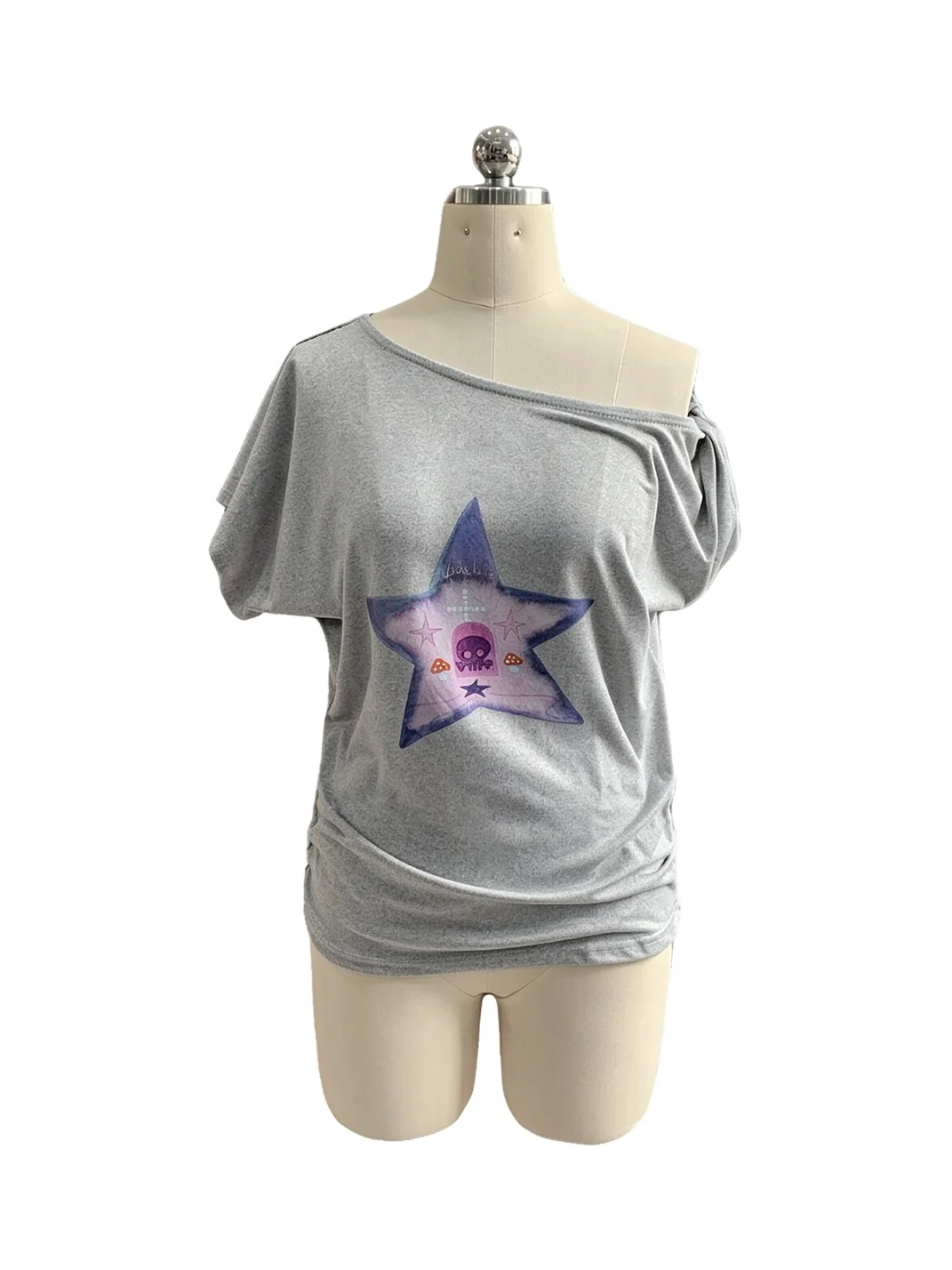 Bae bi | Asymmetric Off-Shoulder Twisted-Knot Star Print Short-Sleeve T-Shirt