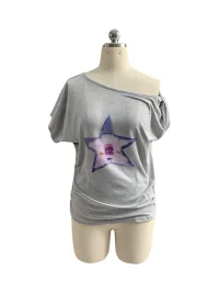 Bae bi | Asymmetric Off-Shoulder Twisted-Knot Star Print Short-Sleeve T-Shirt