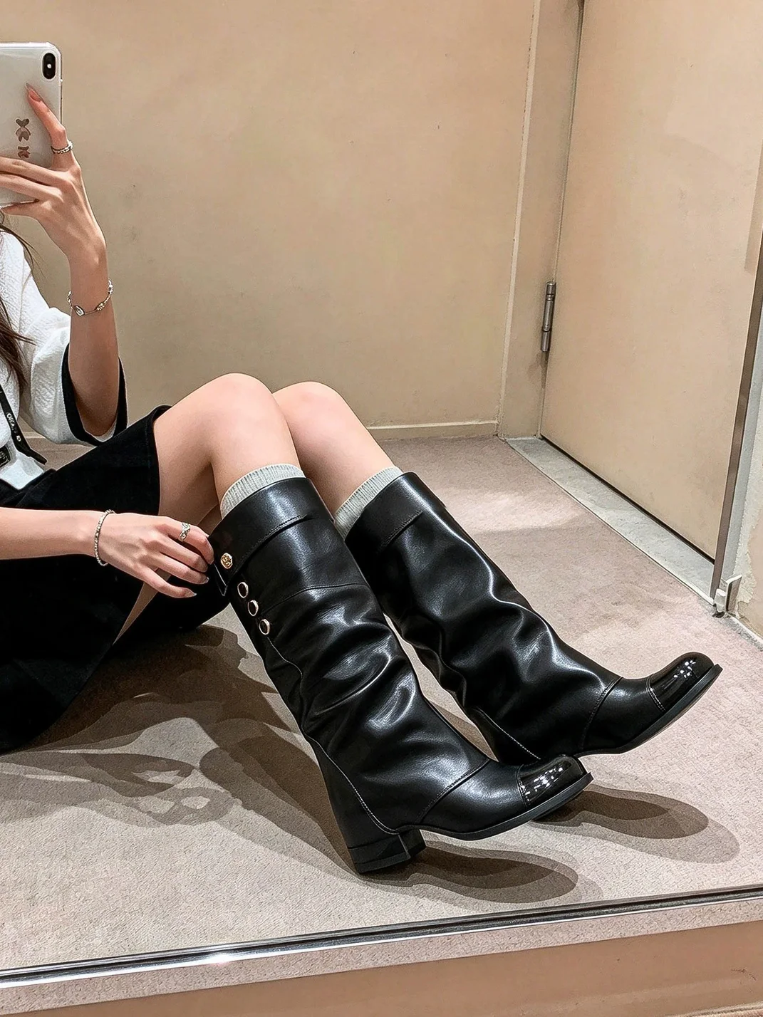 In lucky | Gold Buckle Block Heel Tall Boots