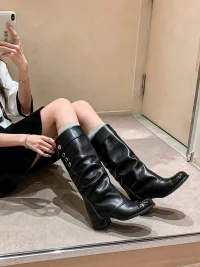 In lucky | Gold Buckle Block Heel Tall Boots