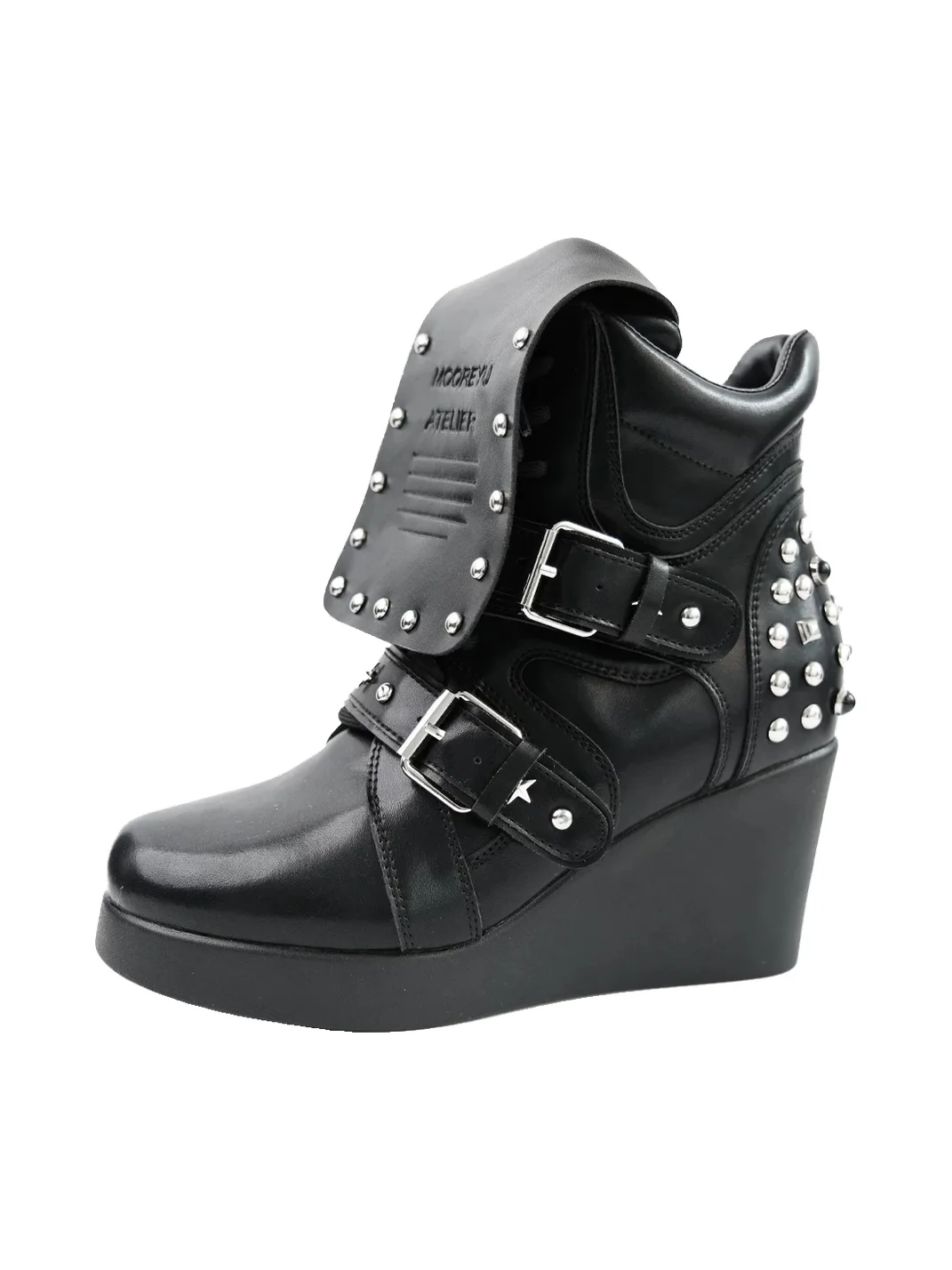 Mooreyu Atelier | Studded Buckle-Strap Leather Wedge High-Top Shoes