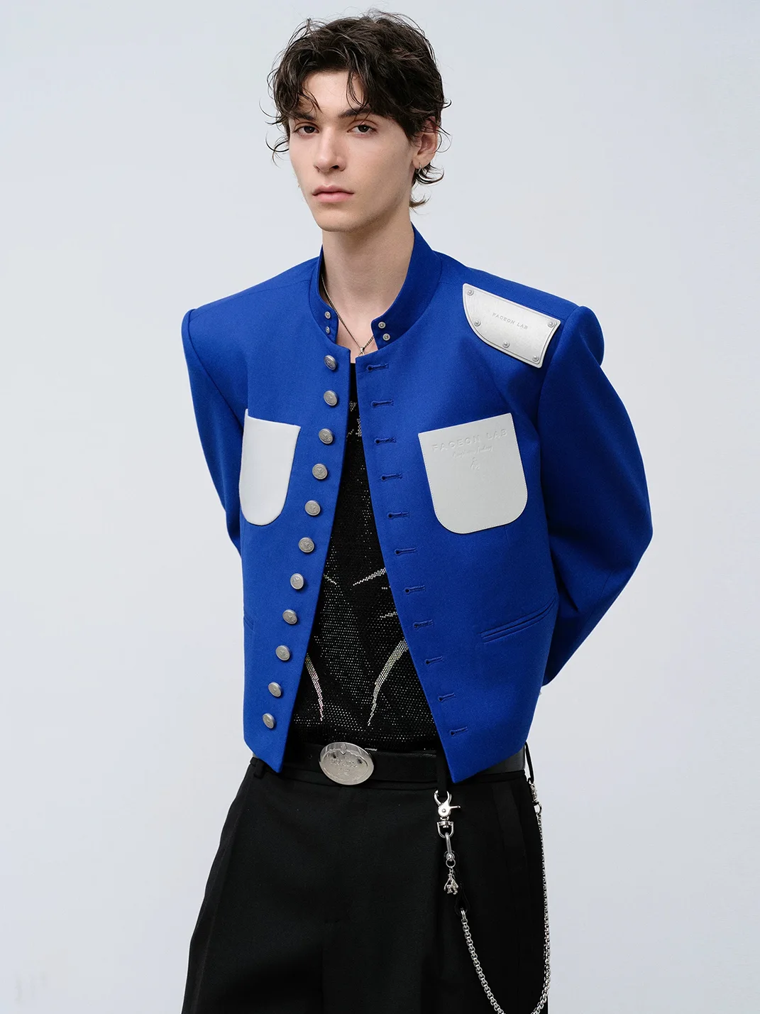 FACEONLAB | Cropped Stand Collar Metal Shoulder Jacket