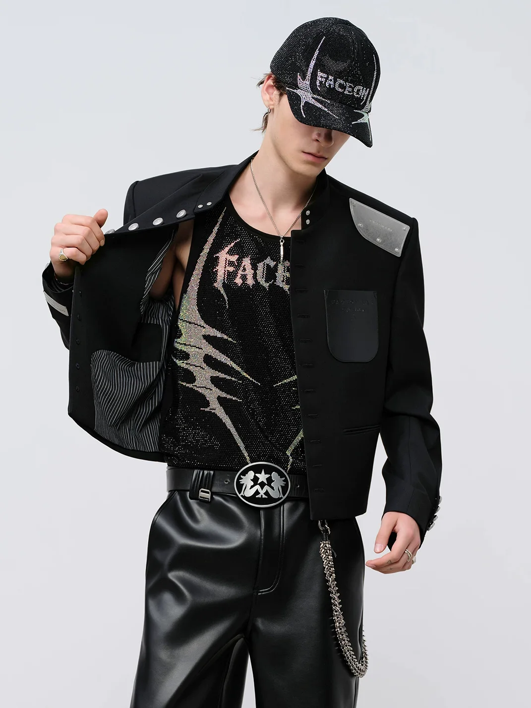 FACEONLAB | Cropped Stand Collar Metal Shoulder Jacket