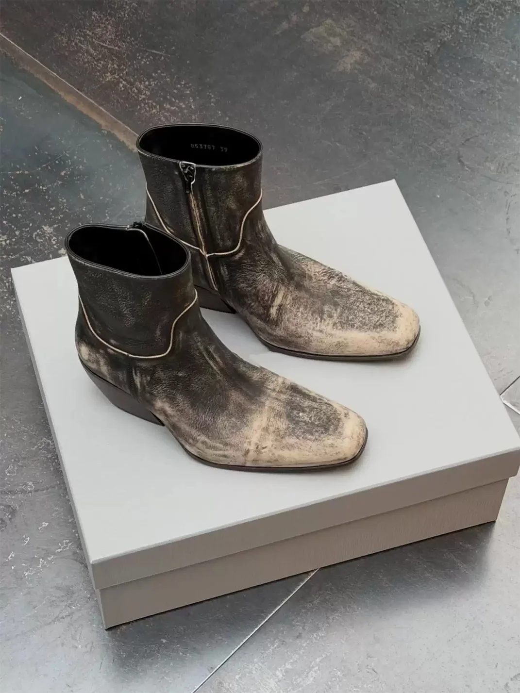 DLMNX | Distressed Square Toe Side Zip Block Heel Boots