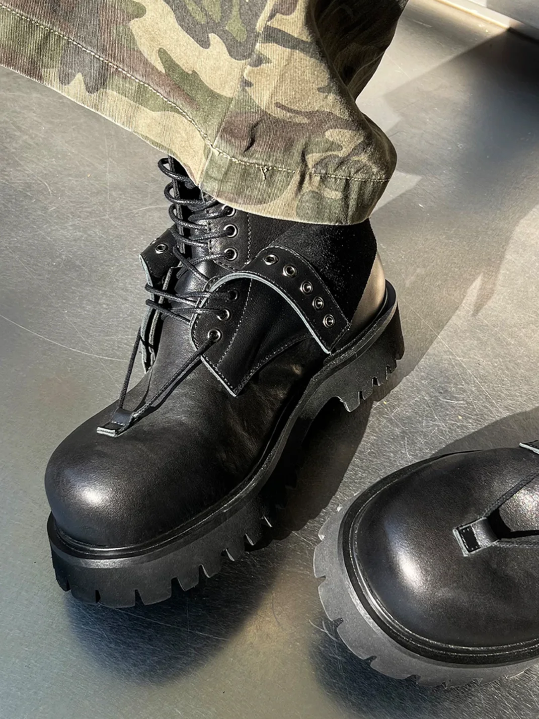 HANQIAORIJI | Double Layer Leather Platform Biker Boots