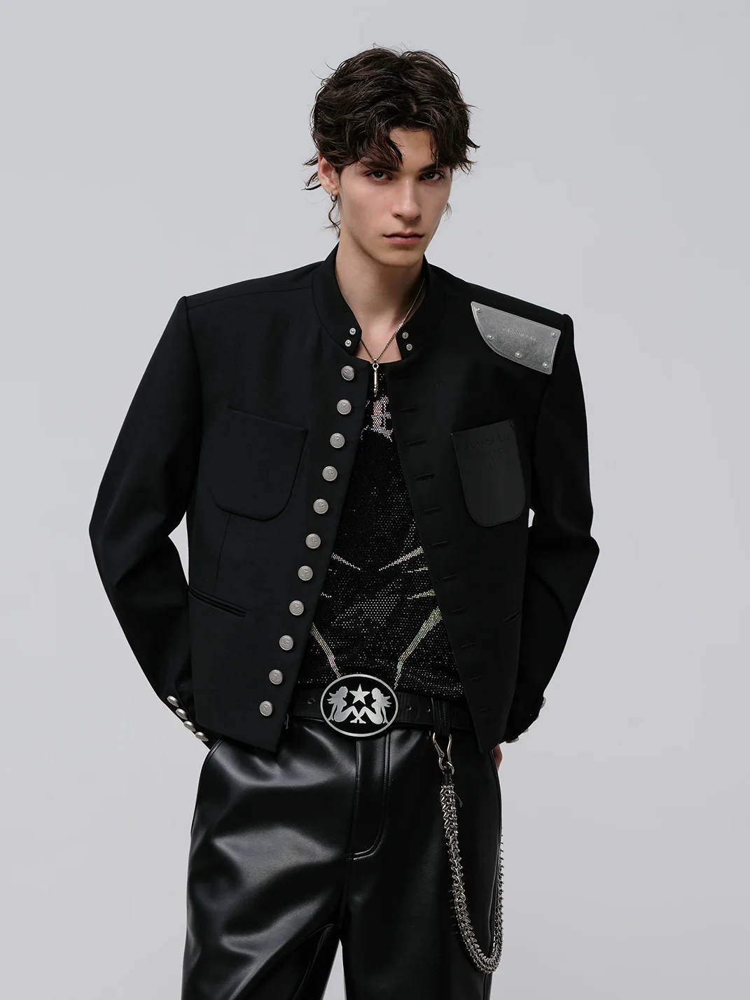 FACEONLAB | Cropped Stand Collar Metal Shoulder Jacket