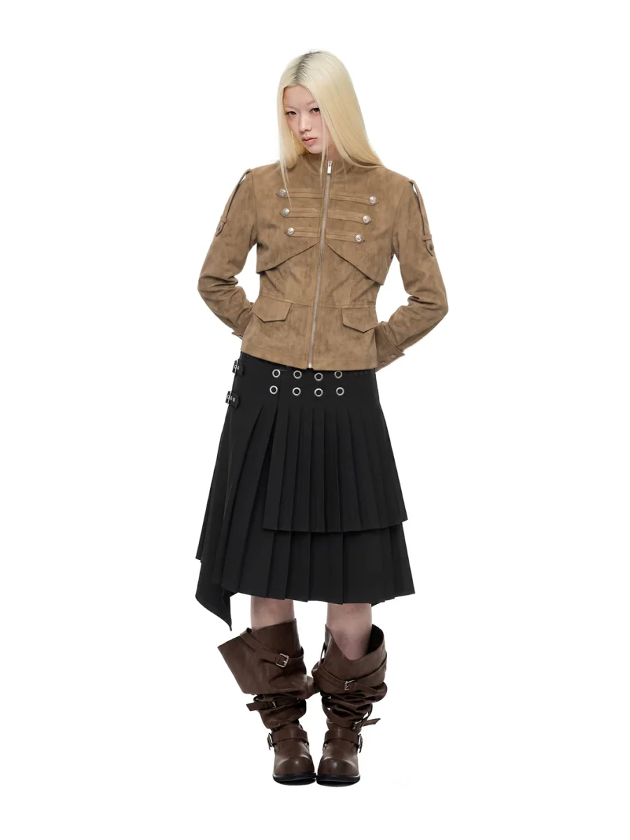 JIKOO | Cropped Faux Suede Stand Collar Jacket - 4