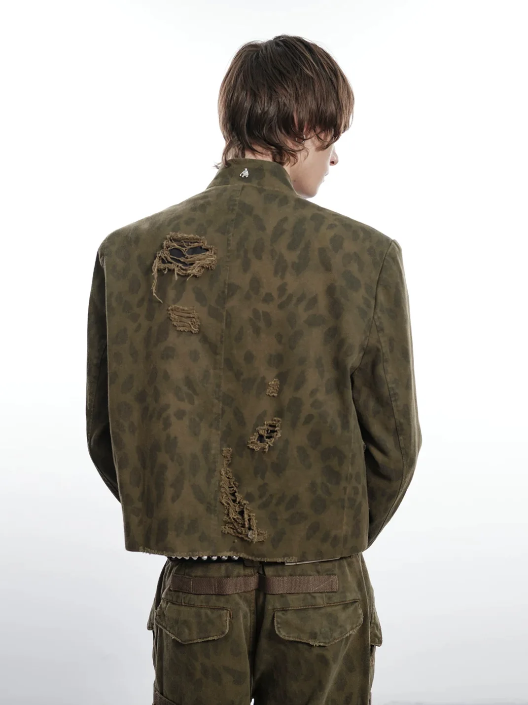 FACEONLAB | Distressed Camouflage Leopard Print Stand Collar Jacket