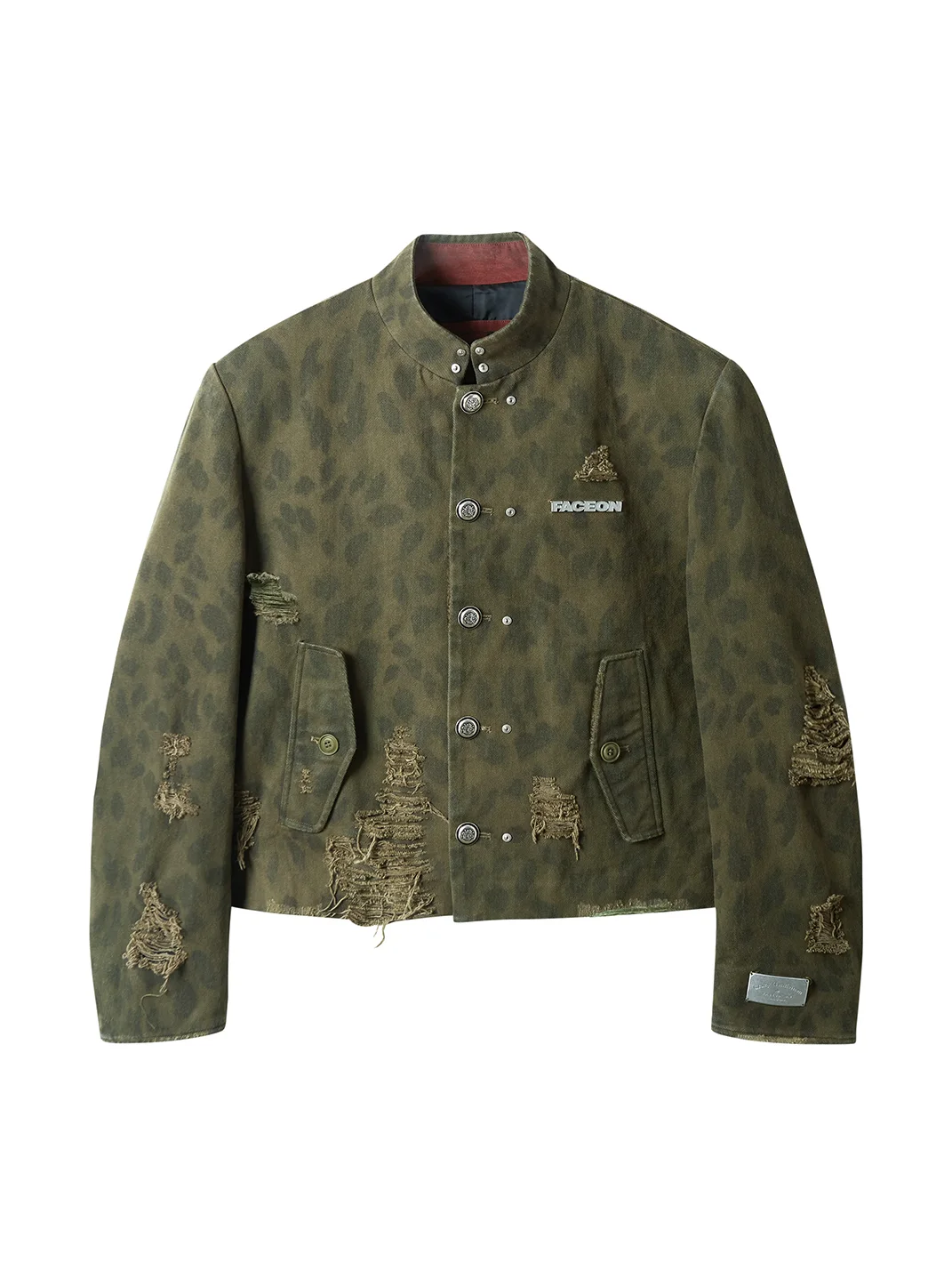 FACEONLAB | Distressed Camouflage Leopard Print Stand Collar Jacket