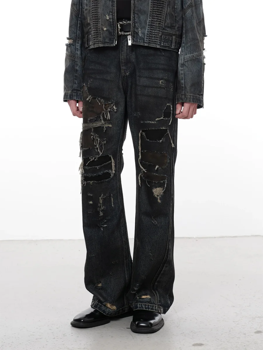 FACEONLAB | Spray-Washed Graffiti Camouflage Ripped Slight-Flare Jeans - 2