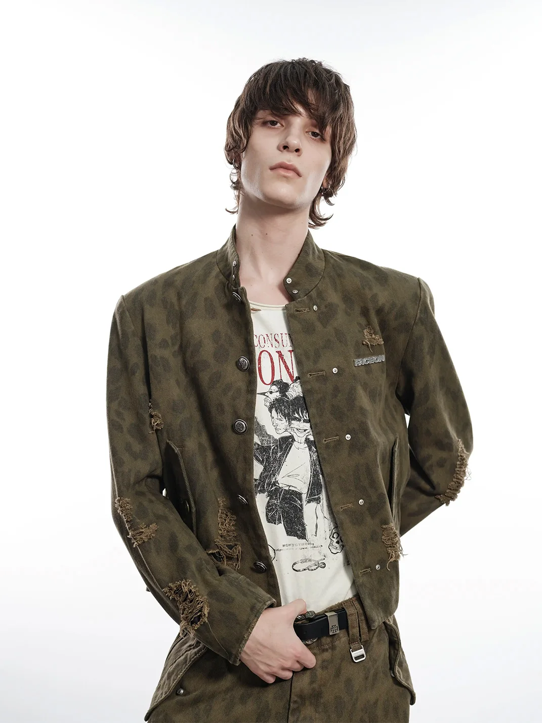FACEONLAB | Distressed Camouflage Leopard Print Stand Collar Jacket