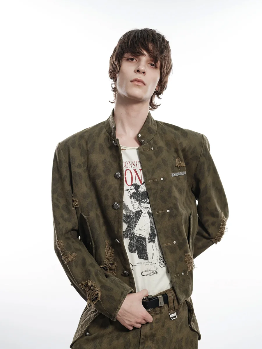 FACEONLAB | Distressed Camouflage Leopard Print Stand Collar Jacket - 2