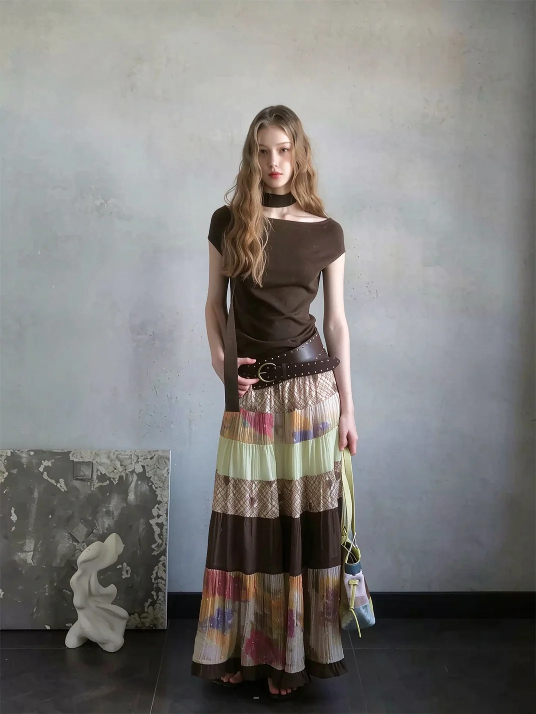 UNSOYAO OFFICE | Colorblock Full-Sweep Patchwork Skirt