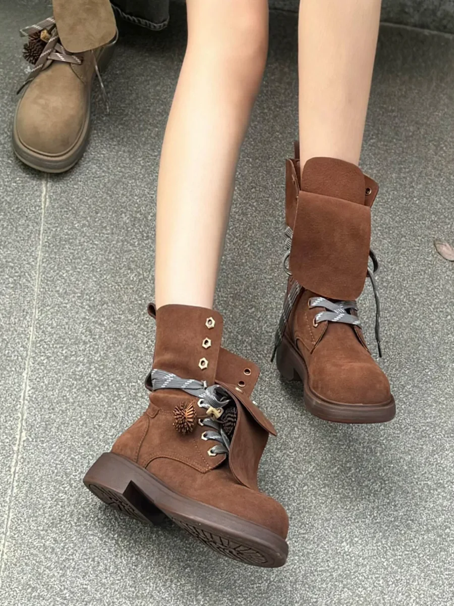 CSSStudio | Suede Lace-Up Fringe Chunky Heel Boots - 2