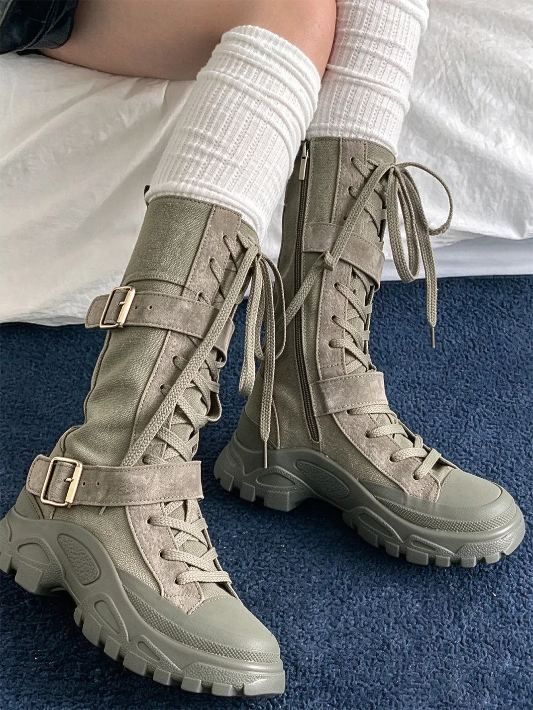 Angel | Buckle Lace-Up Mid-Heel Motorcycle Boots