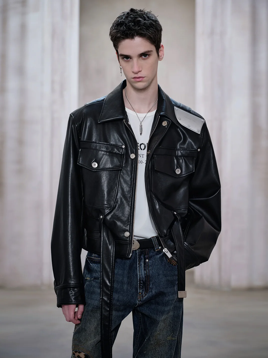 FACEONLAB | Metal Shoulder Plate Leather Jacket
