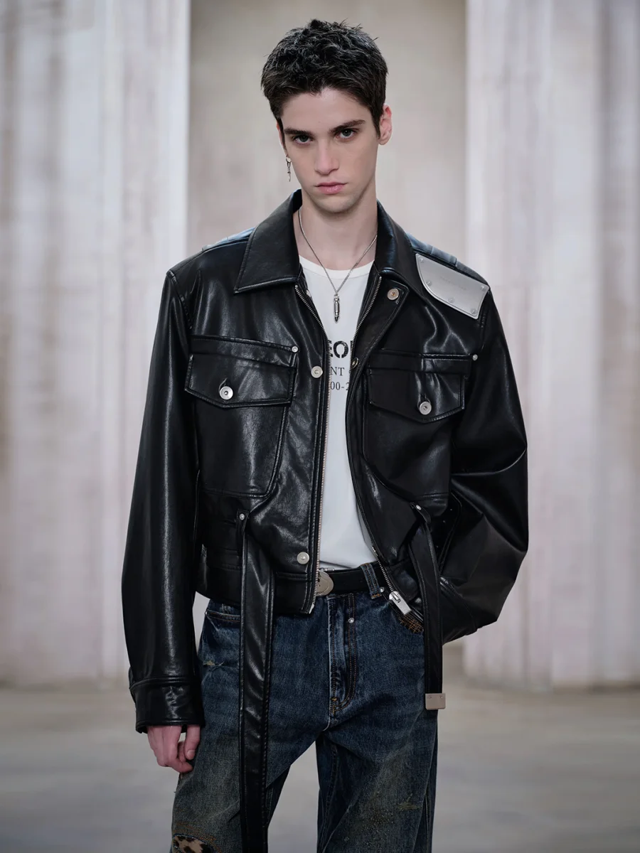 FACEONLAB | Metal Shoulder Plate Leather Jacket - 2