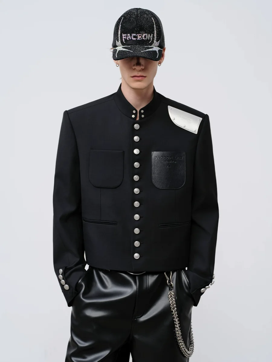 FACEONLAB | Cropped Stand Collar Metal Shoulder Jacket - 2