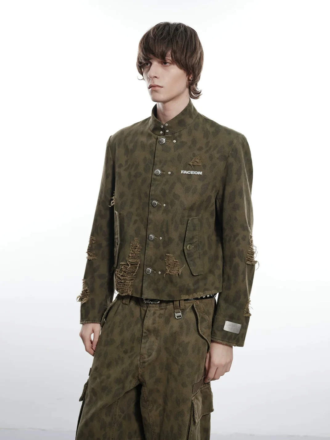 FACEONLAB | Distressed Camouflage Leopard Print Stand Collar Jacket