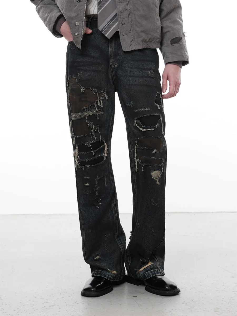 FACEONLAB | Spray-Washed Graffiti Camouflage Ripped Slight-Flare Jeans - 3