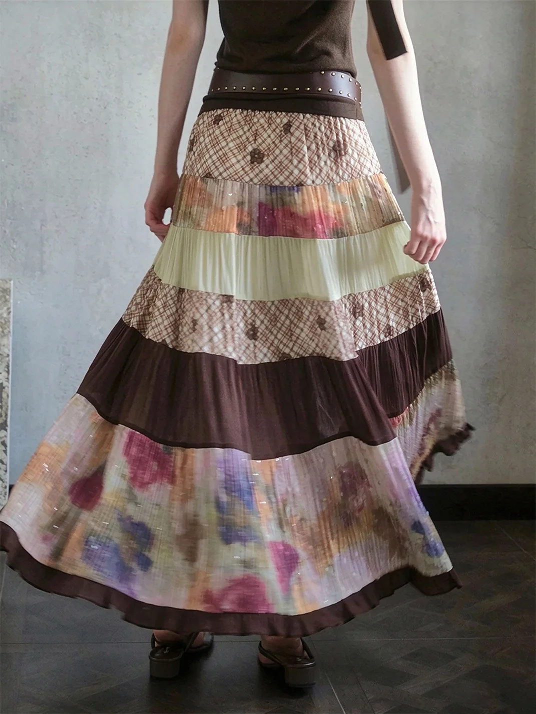 UNSOYAO OFFICE | Colorblock Full-Sweep Patchwork Skirt